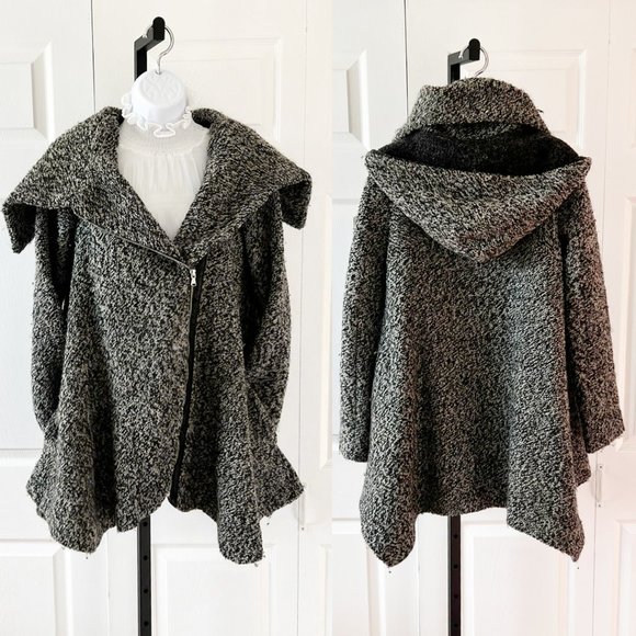 Egoist Tailored Collar Asymmetrical Loose Grey Wool Blend Coat with Hood, Size S - Picture 1 of 11